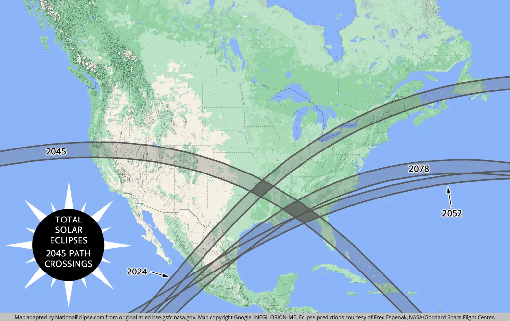 2045 Total Solar Eclipse Path Crossings