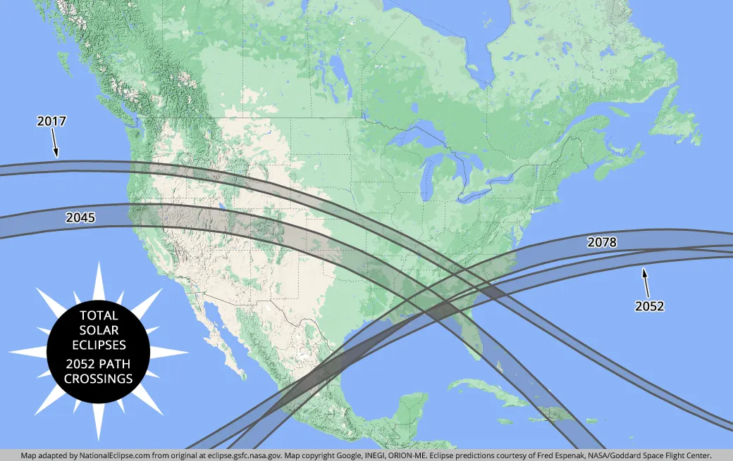 2052 Total Solar Eclipse Path Crossings