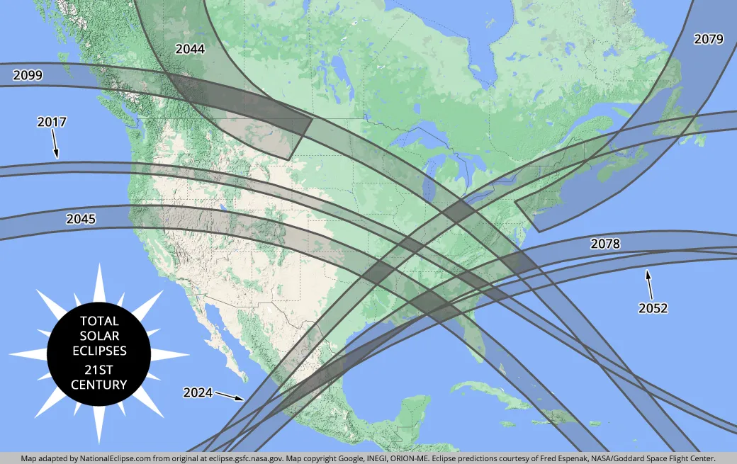 21st Century Total Solar Eclipse Path Crossings