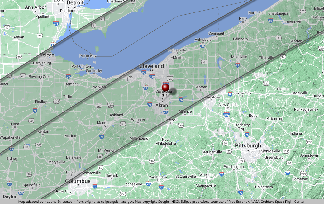 Total Solar Eclipse - April 8, 2024 - Akron, Ohio Map