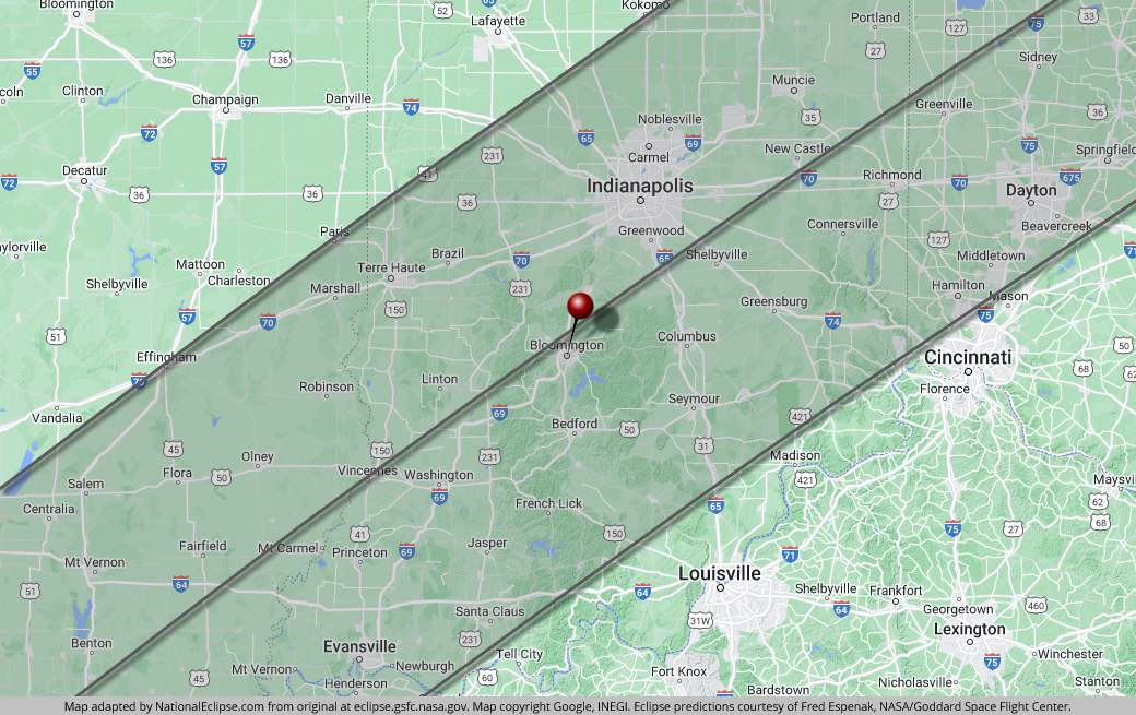 Total Solar Eclipse - April 8, 2024 - Bloomington, Indiana Map