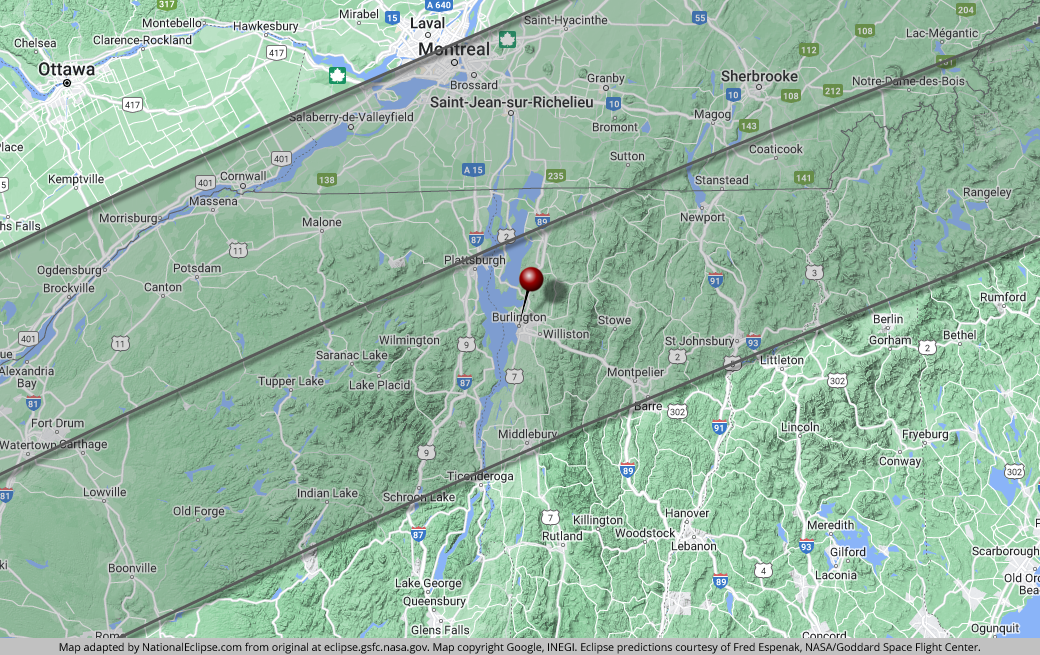 Total Solar Eclipse - April 8, 2024 - Burlington, Vermont Map