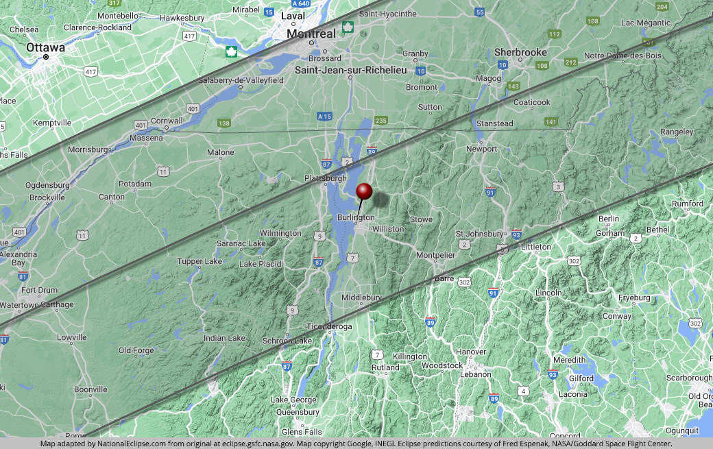 National Eclipse Burlington Vermont April 8 2024 Total Solar   Map Burlington Vermont 2024 