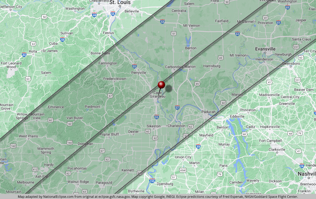 Total Solar Eclipse - April 8, 2024 - Cape Girardeau, Missouri Map
