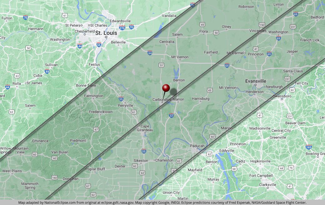 Total Solar Eclipse - April 8, 2024 - Carbondale, Illinois Map