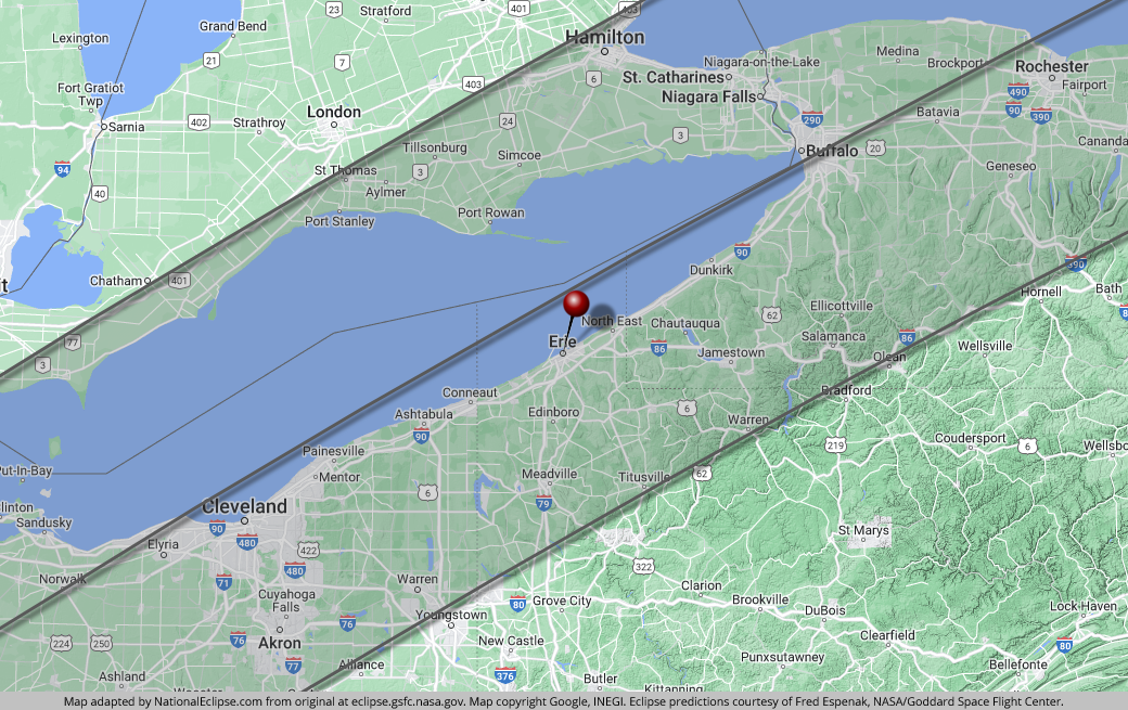 National Eclipse Erie Pennsylvania April 8 2024 Total Solar Eclipse   Map Erie Pennsylvania 2024 