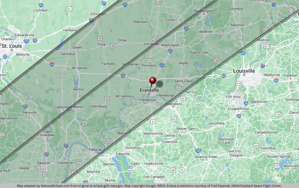 Total Solar Eclipse - April 8, 2024 - Evansville, Indiana Map