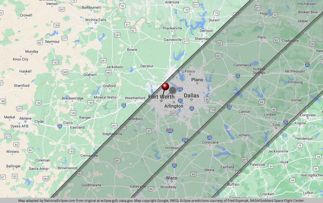 Total Solar Eclipse - April 8, 2024 - Fort Worth, Texas Map