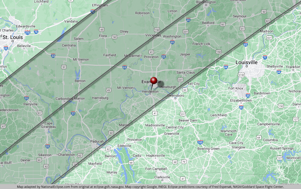 Total Solar Eclipse - April 8, 2024 - Henderson, Kentucky Map