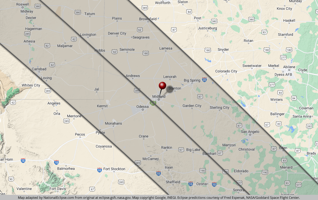 Annular Solar Eclipse - October 14, 2023 - Midland, Texas Map