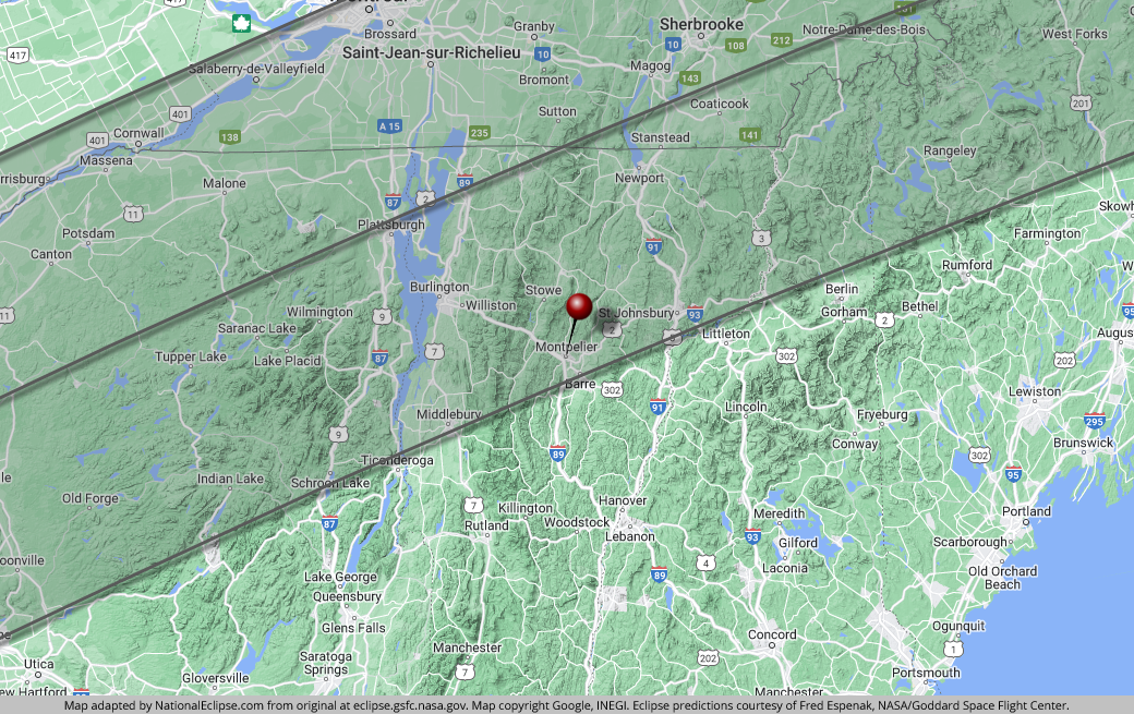 Total Solar Eclipse - April 8, 2024 - Montpelier, Vermont Map