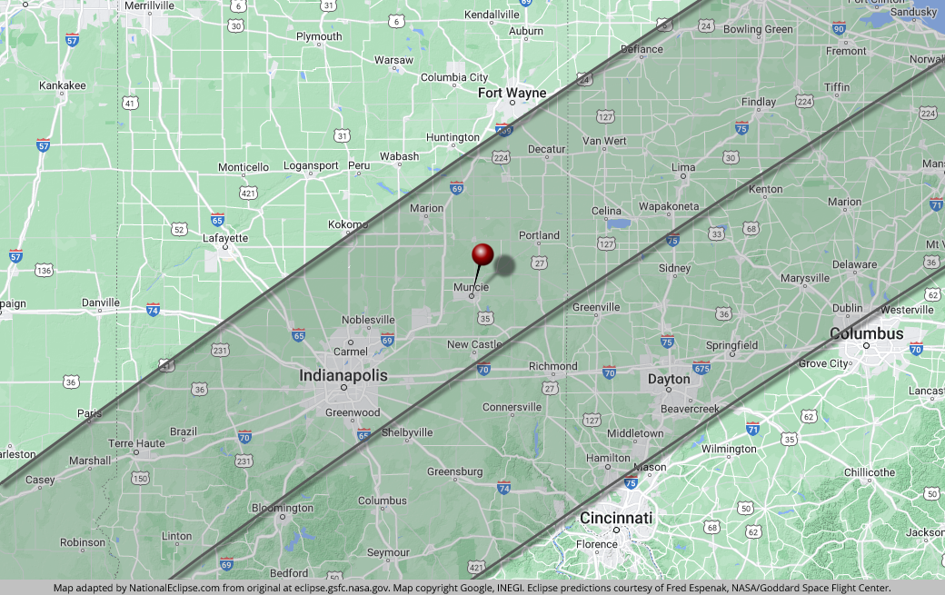 Total Solar Eclipse - April 8, 2024 - Muncie, Indiana Map