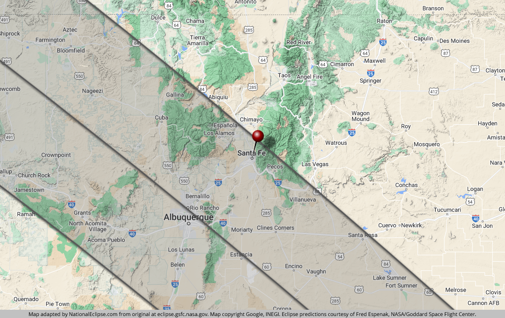 Annular Solar Eclipse - October 14, 2023 - Santa Fe, New Mexico Map