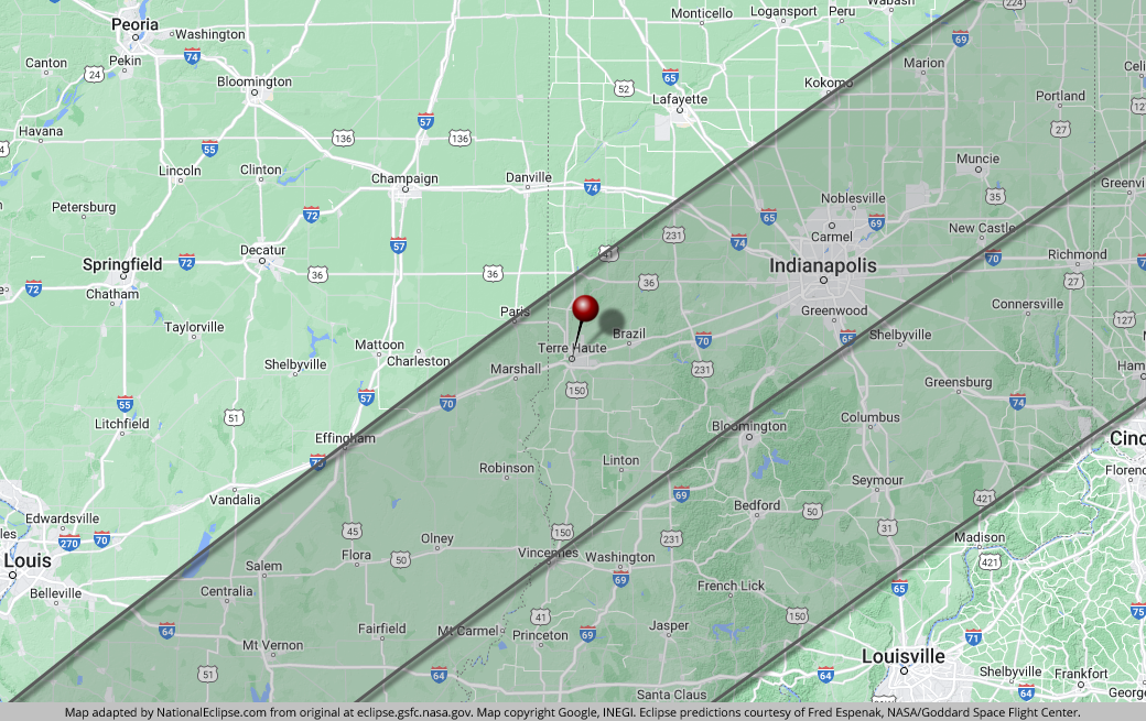 Total Solar Eclipse - April 8, 2024 - Terre Haute, Indiana Map