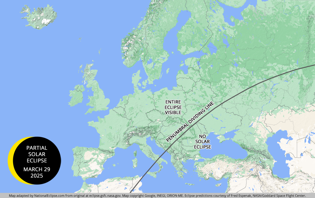 Partial Solar Eclipse - March 29, 2025 - Europe Map