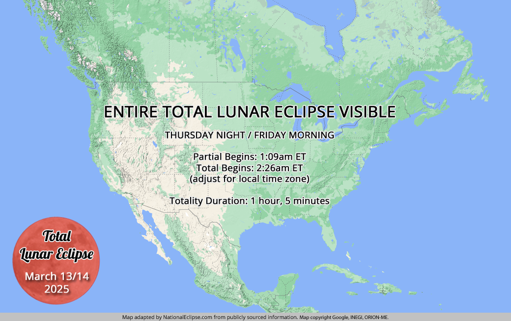 Total Lunar Eclipse - March 14, 2025 - USA Map