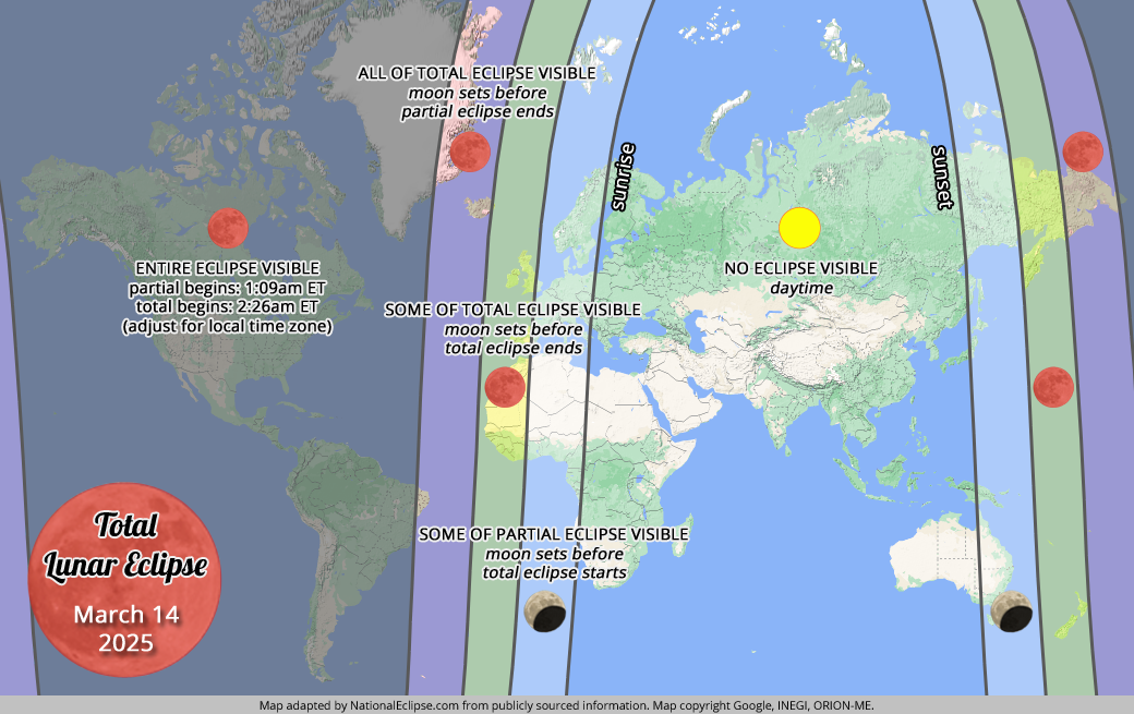 Total Lunar Eclipse - March 14, 2025 - World Map