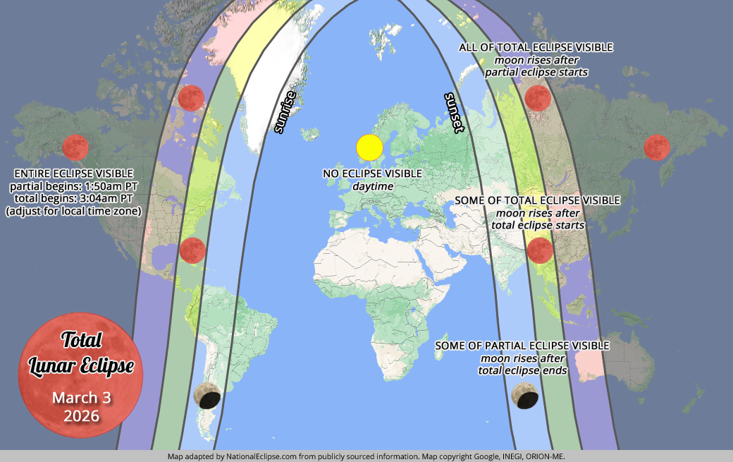 Total Lunar Eclipse - March 3, 2026 - World Map