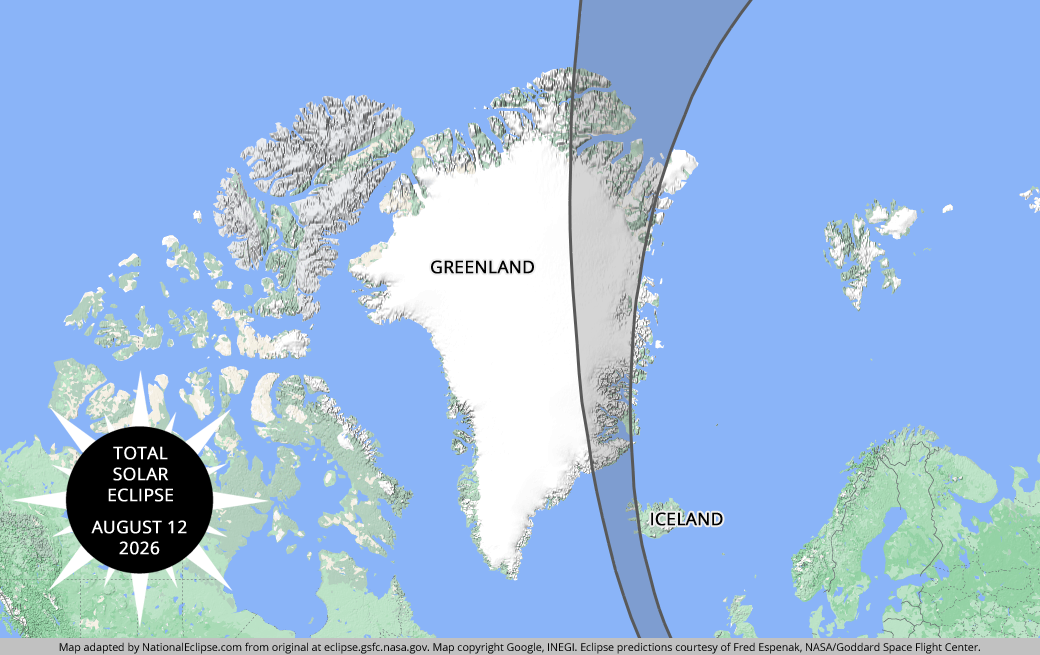 Total Solar Eclipse - August 12, 2026 - Greenland and Iceland Map