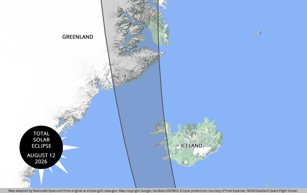 Total Solar Eclipse - August 12, 2026 - Greenland and Iceland Map