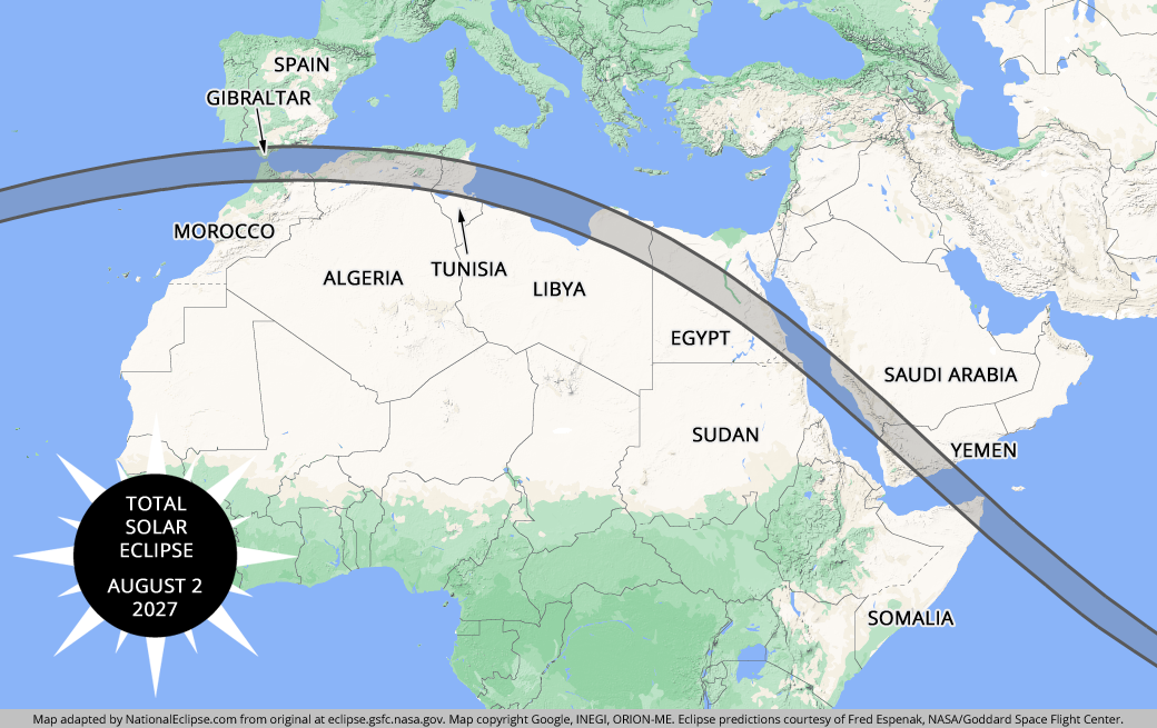 Total Solar Eclipse - August 2, 2027 - Europe, Africa, and Middle East Map