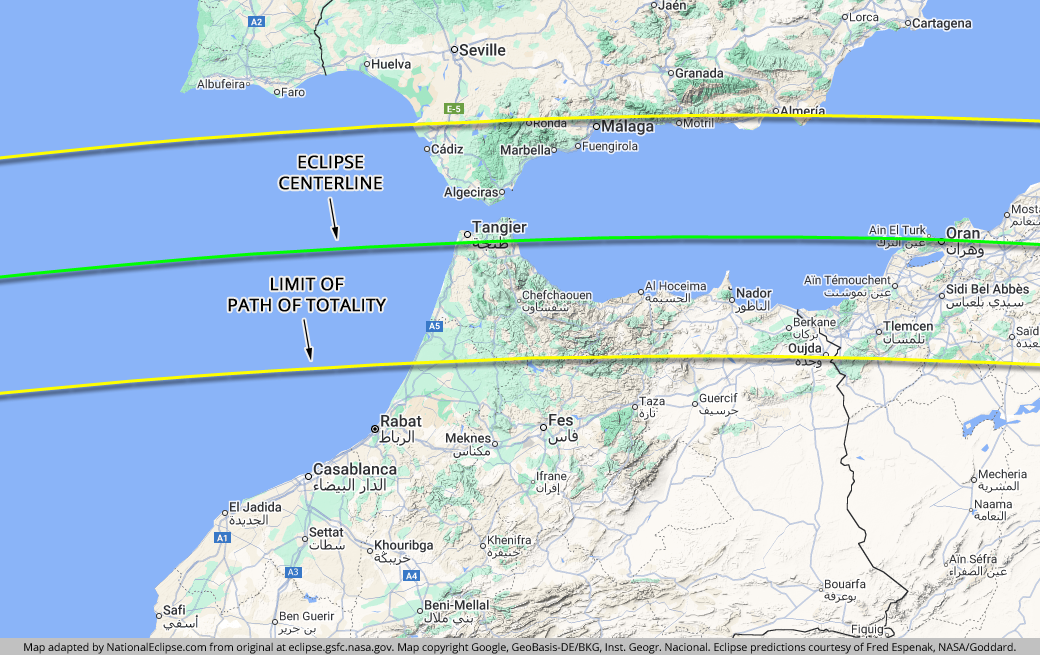 Total Solar Eclipse - August 2, 2027 - Morocco Map