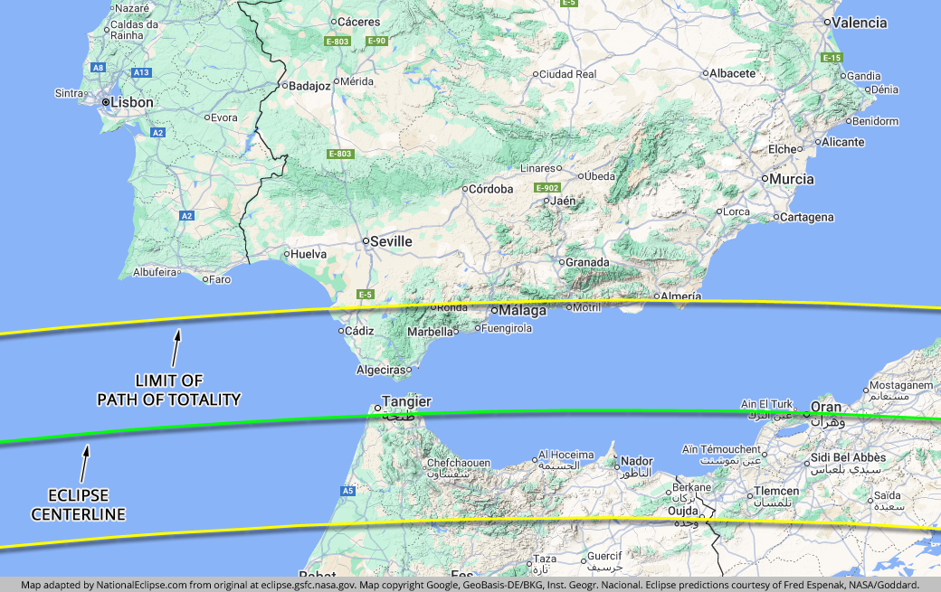 Total Solar Eclipse - August 2, 2027 - Spain Map