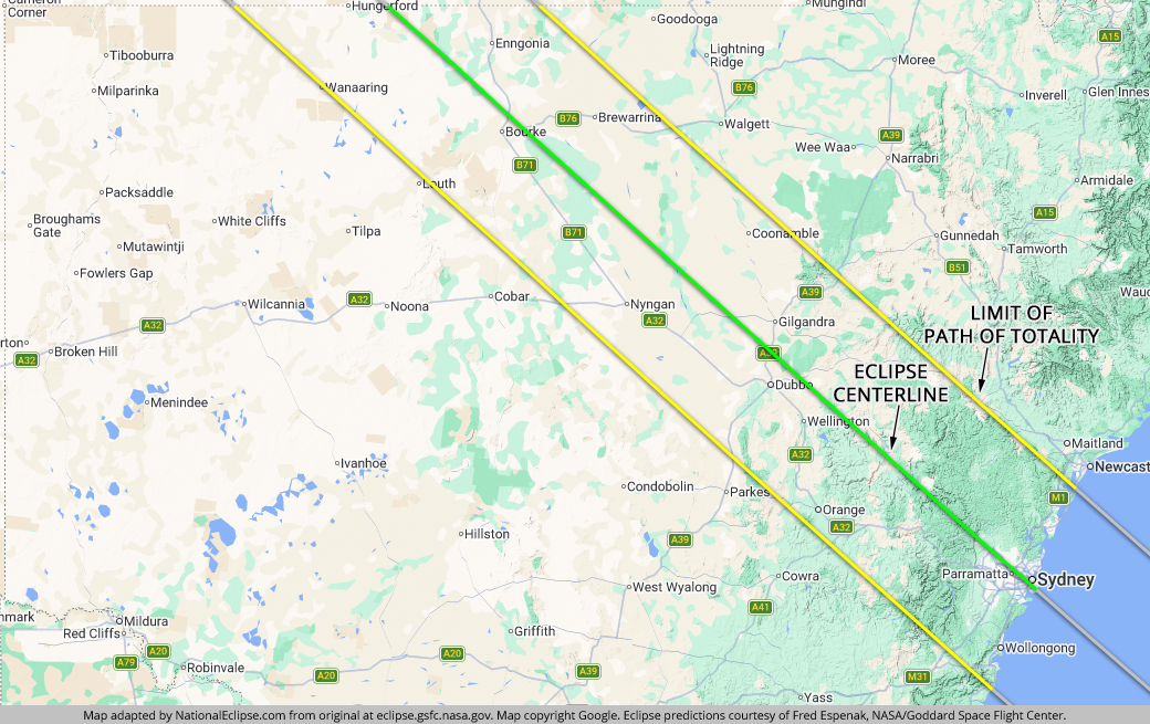 Total Solar Eclipse - July 22, 2028 - New South Wales Map