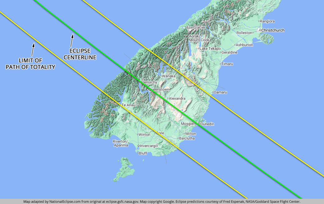 Total Solar Eclipse - July 22, 2028 - New Zealand Map