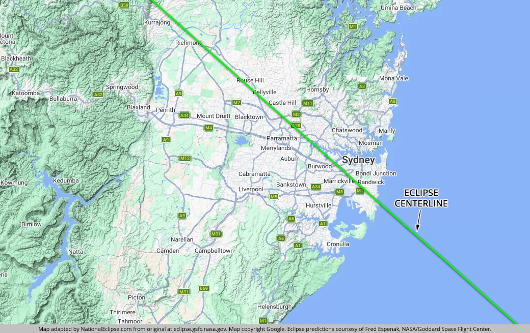 Total Solar Eclipse - July 22, 2028 - Sydney Map