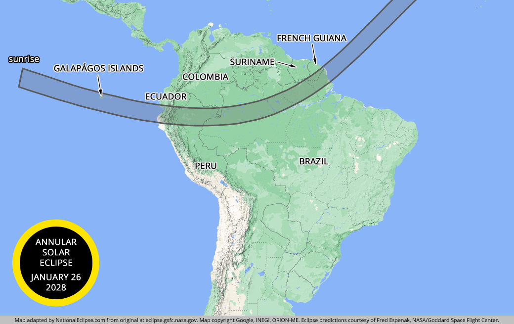 Annular Solar Eclipse - January 26, 2028 - South America Map