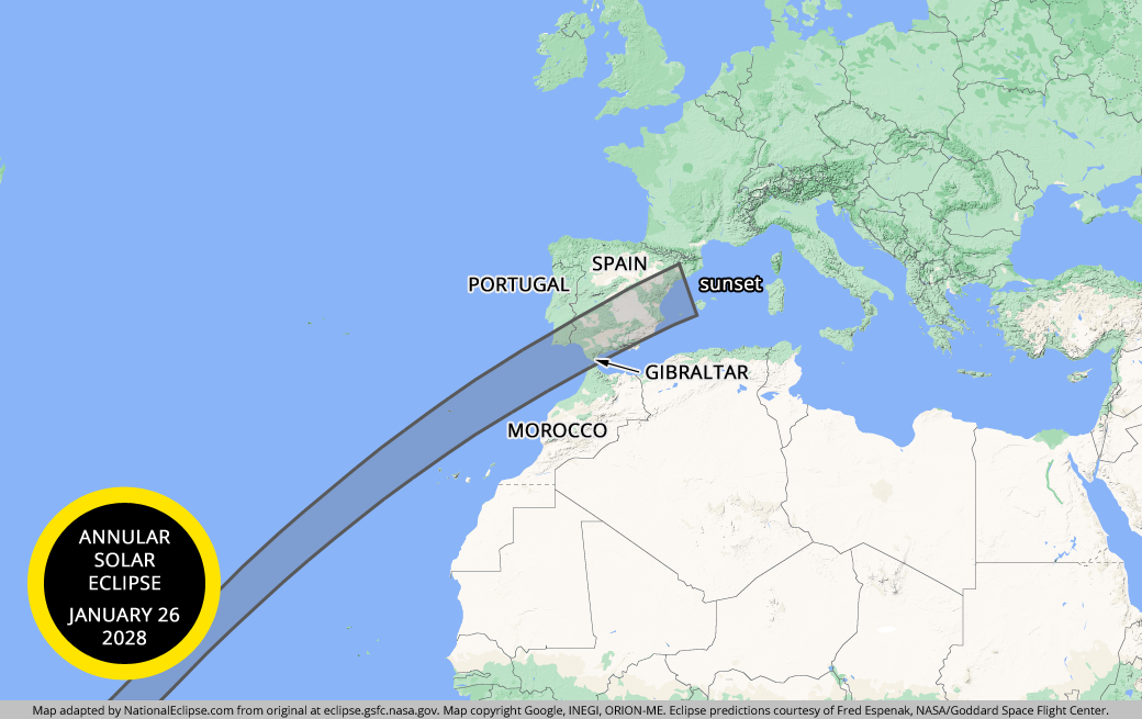 Annular Solar Eclipse - January 26, 2028 - Europe and Africa Map