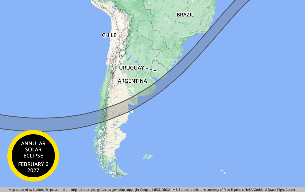 Annular Solar Eclipse - February 6, 2027 - South America Map