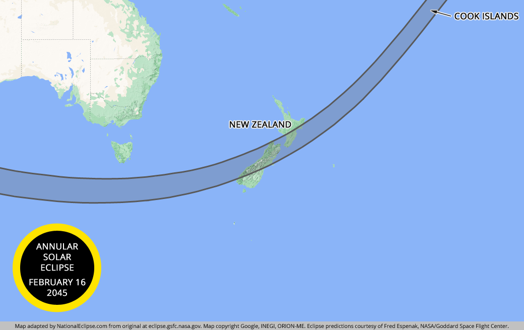 Annular Solar Eclipse - February 16, 2045 - New Zealand Map