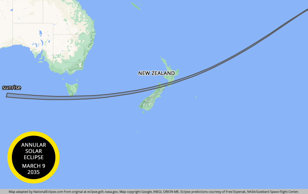 Annular Solar Eclipse - March 9, 2035 - New Zealand Map