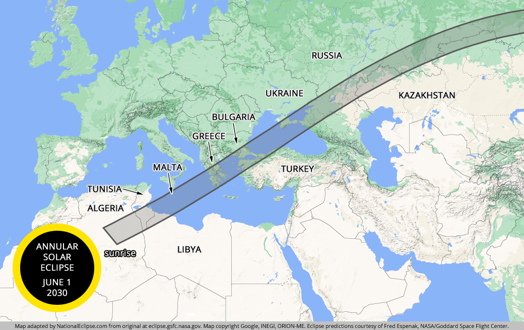 Annular Solar Eclipse - June 1, 2030 - Africa, Europe, Middle East, and Asia Map