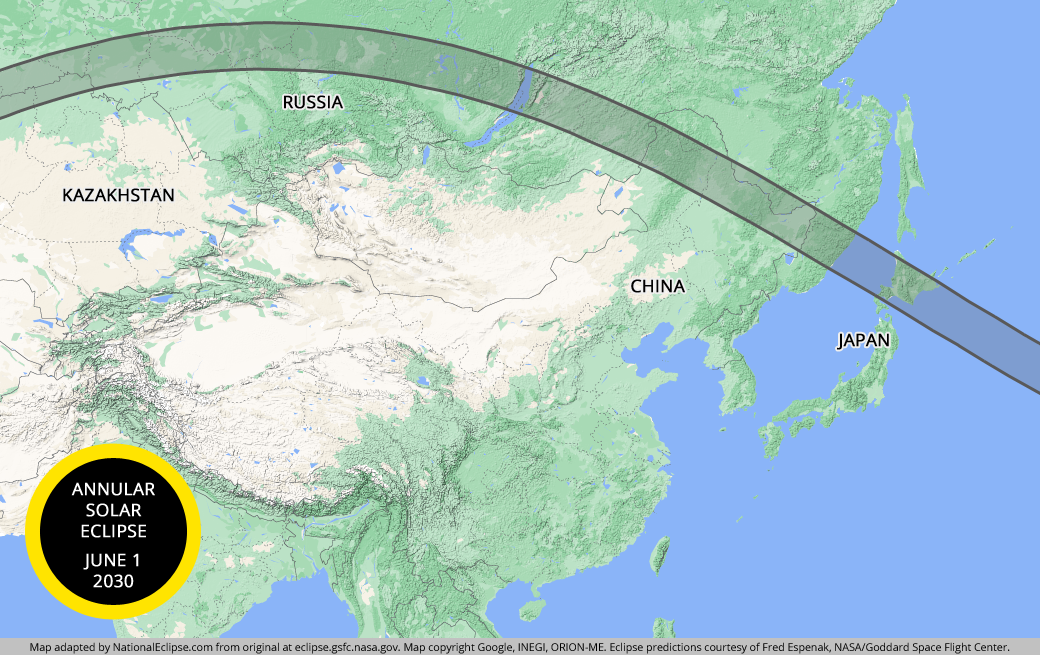 Annular Solar Eclipse - June 1, 2030 - Asia Map