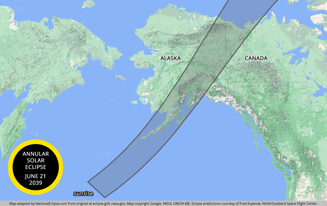 Annular Solar Eclipse - June 21, 2039 - USA and Canada Map