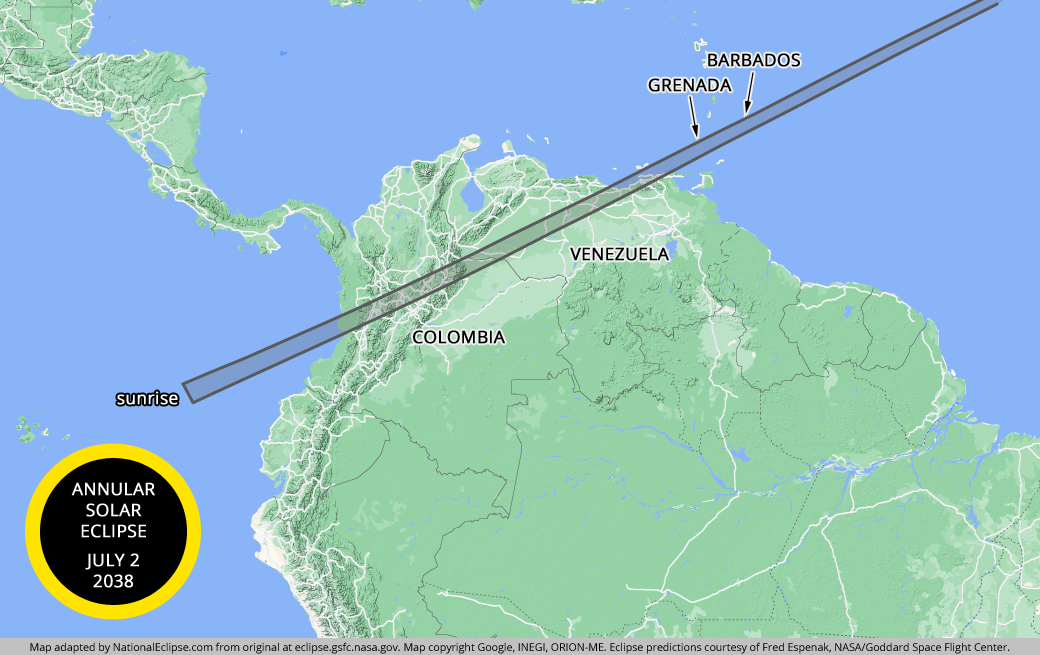 Annular Solar Eclipse - July 2, 2038 - South America and Caribbean Map