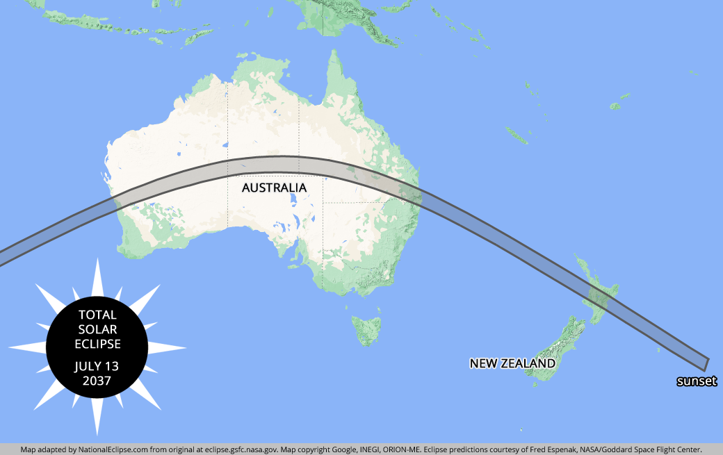 Total Solar Eclipse - July 13, 2037 - Australia and New Zealand Map