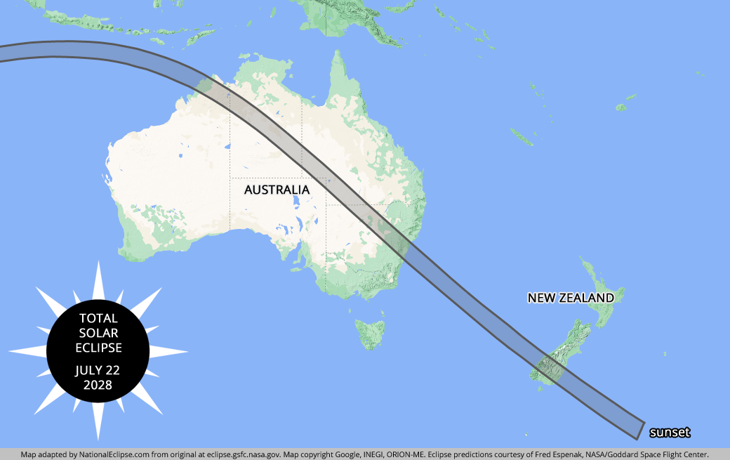 Total Solar Eclipse - July 22, 2028 - Australia and New Zealand Map