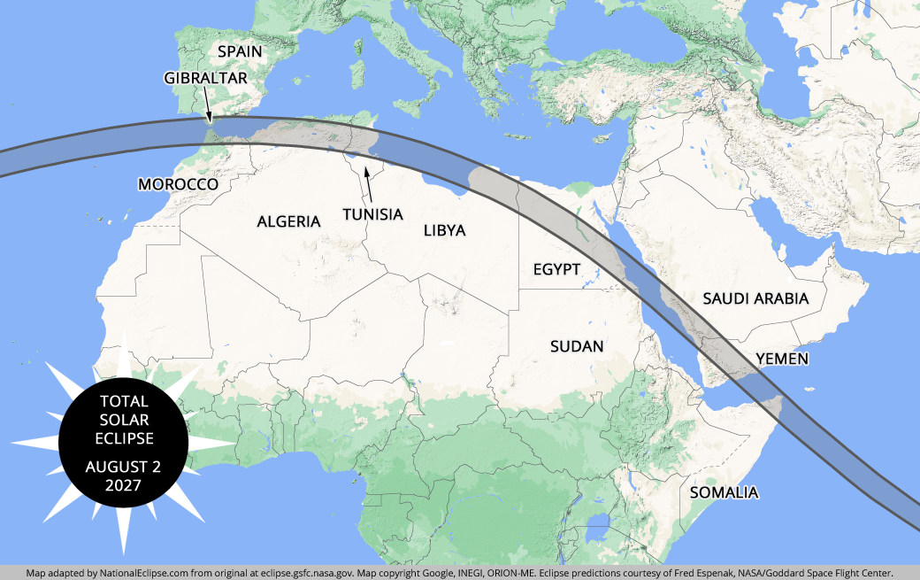 Total Solar Eclipse - August 2, 2027 - Africa, Europe, and Middle East Map