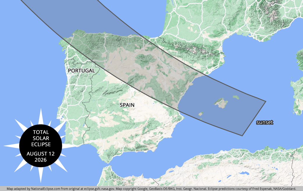 Total Solar Eclipse - August 12, 2026 - Spain and Portugal Map