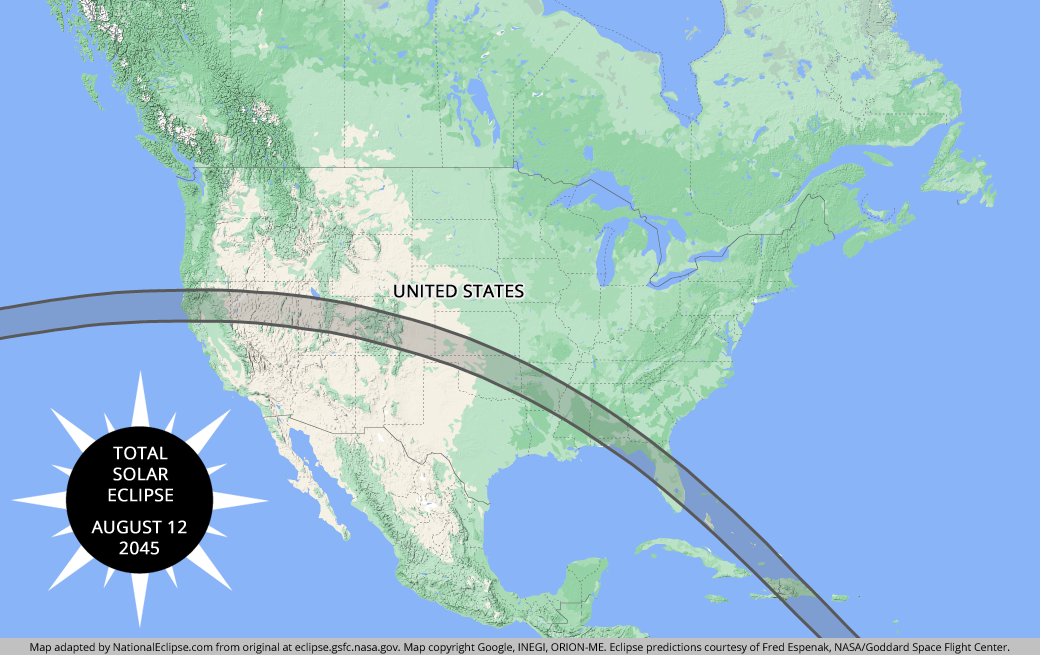 Total Solar Eclipse - August 12, 2045 - USA Map