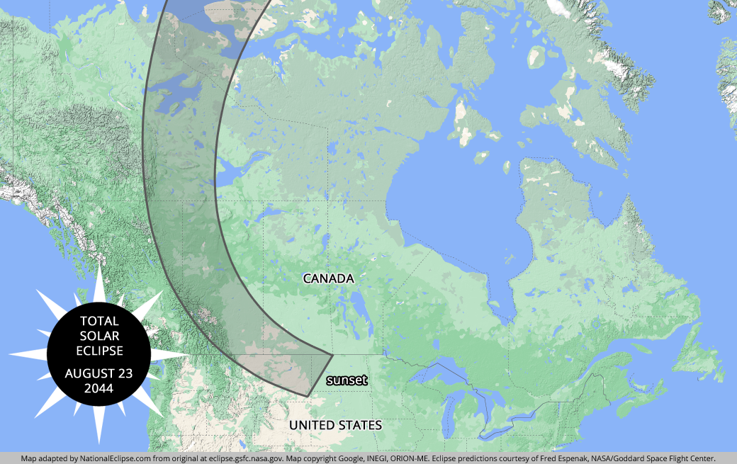 Total Solar Eclipse - August 23, 2044 - Canada and USA Map
