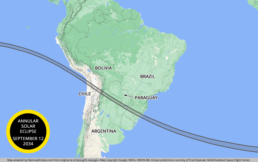 Annular Solar Eclipse - September 12, 2034 - South America Map