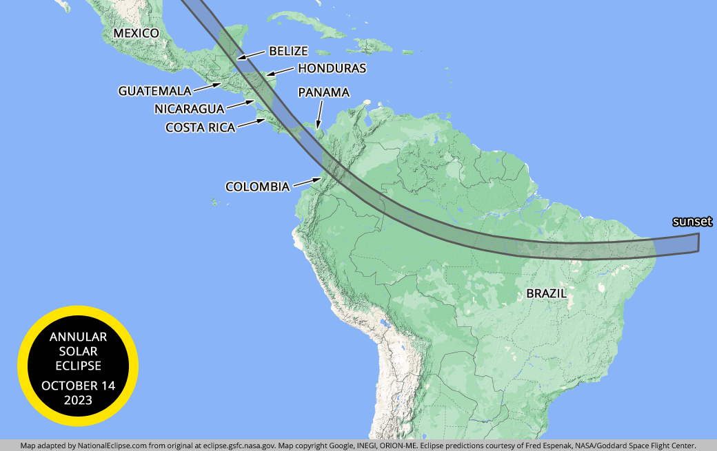 Annular Solar Eclipse - October 14, 2023 - Central America and South America Map