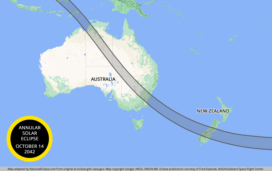 Annular Solar Eclipse - October 14, 2042 - Australia and New Zealand Map
