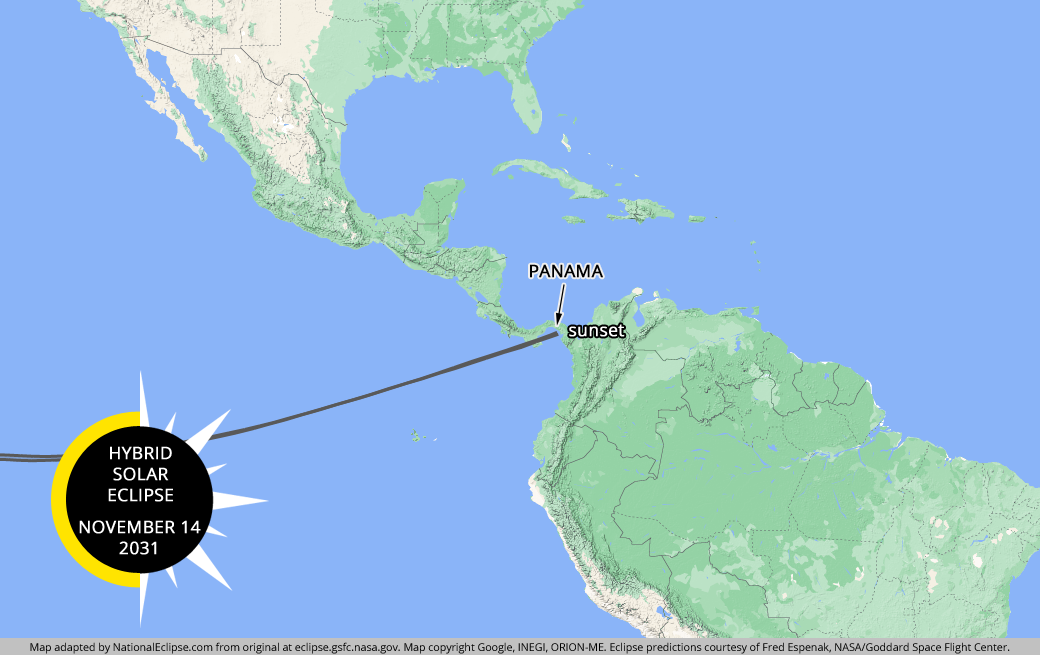 Hybrid Solar Eclipse - November 14, 2031 - Central America Map