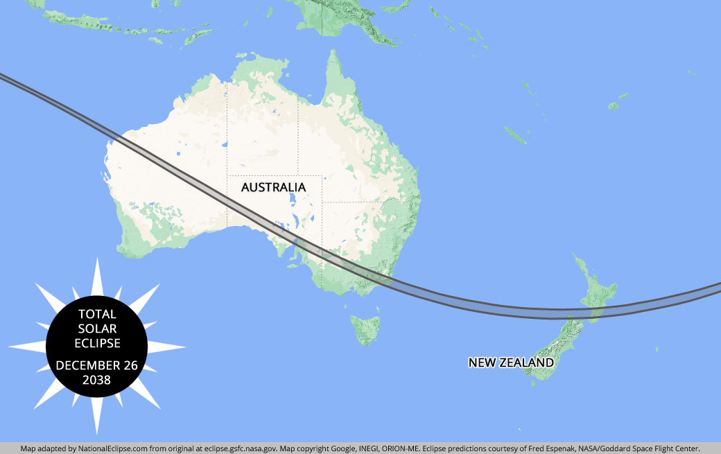 Total Solar Eclipse - December 26, 2038 - Australia and New Zealand Map